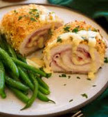 Chicken Cordon Bleu with almondine green beans, roasted peppers