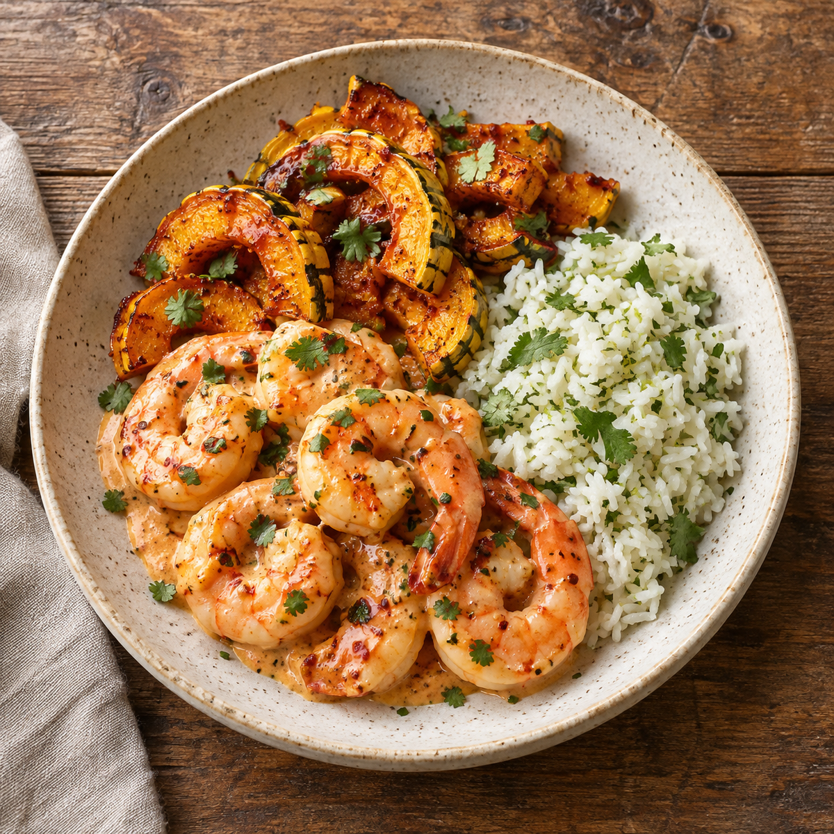 Sautéed Bang Bang Shrimp with Gochujang Delicata Squash, Cilantro Lime RIce - WF, DF