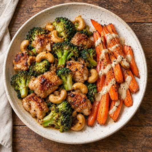 Broccoli Cashew Chicken Thighs with Maple Tahini Carrots - WF, DF, N
