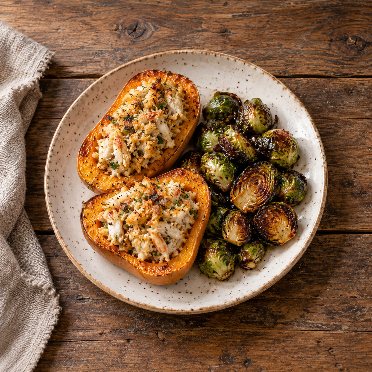 Crab Stuffed Honeynut Squash with Honey Balsamic Brussels Sprouts - WF, DF