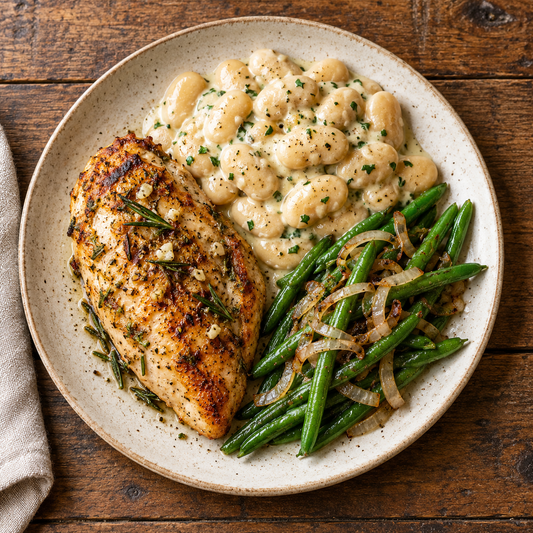 Garlic Rosemary Chicken Breast with Butter Bean Alfredo, Shallot Green Beans - WF