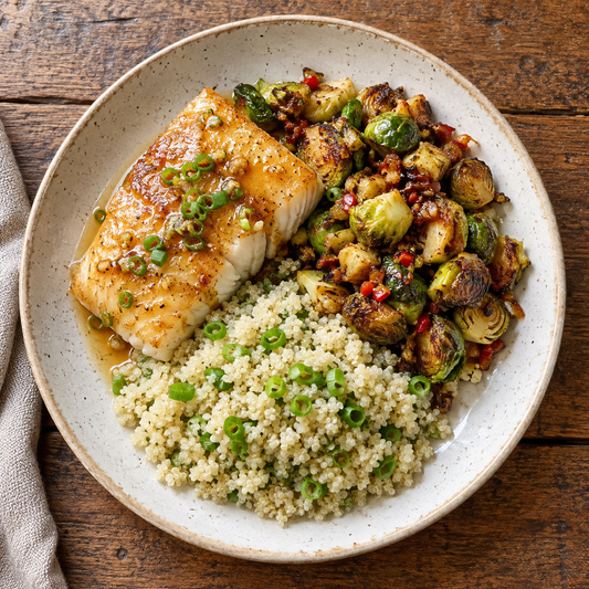 Gingery Haddock with Sweet & Spicy Brussels Sprouts Hash, Coconut Scallion Quinoa - WF, DF