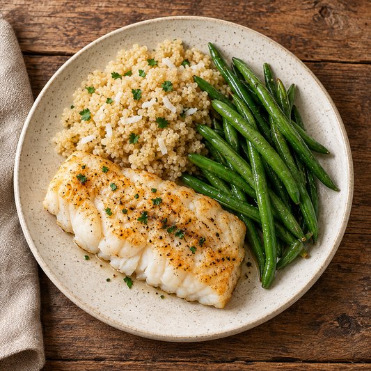 Haddock with Coconut Quinoa, Green Beans WF, DF