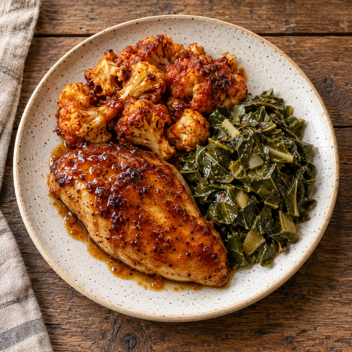 Maple Bourbon Glazed Chicken Breast with BBQ Cauliflower, Apple Cider Collards - WF, DF