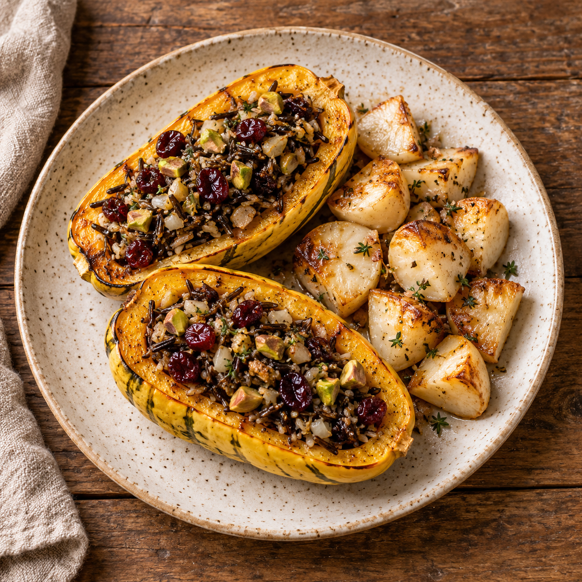 Cranberry, Pistachio, & Wild Rice Stuffed Delicata Squash, Brown Butter Turnips - WF, N