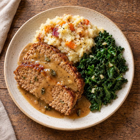 Turkey Meatloaf with Sage Gravy, Roasted Vegetable Mashed Potatoes, Garlic Kale - WF