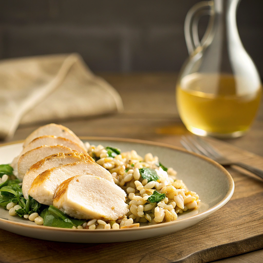Artichoke Chicken Breast with Spinach Farro Salad, Honey Roasted Chickpeas