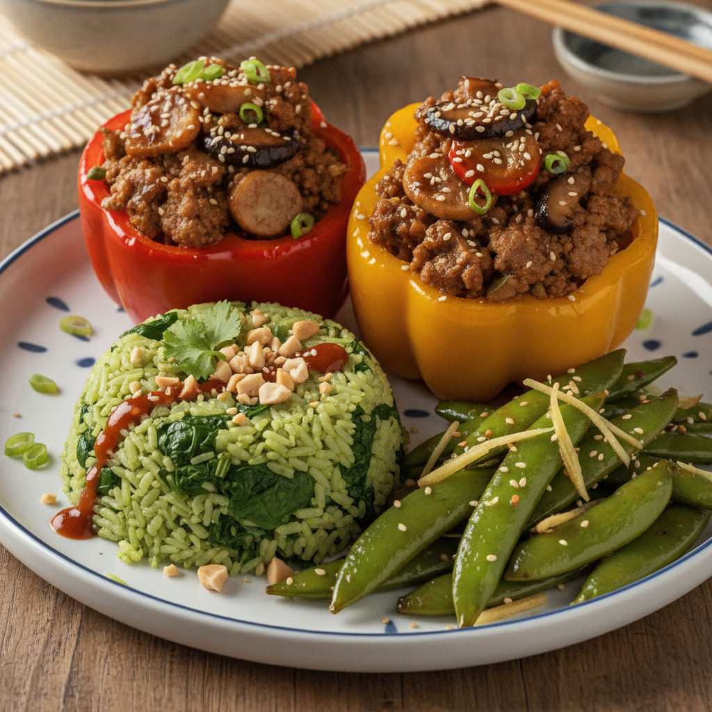 Asian Turkey Stuffed Peppers with Green Rice, Ginger Snap Peas - WF, DF