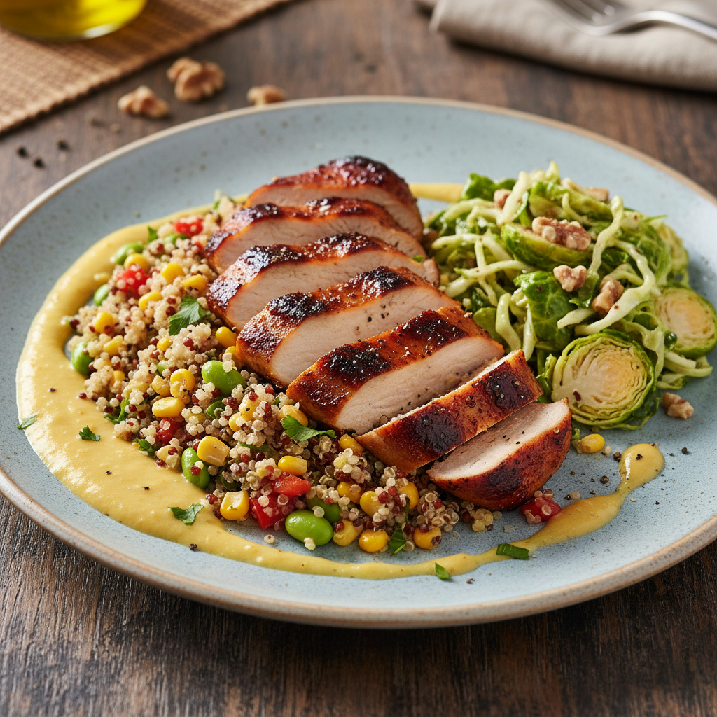 BBQ Rubbed Chicken Breast with Corn Sauce, Succotash Quinoa, Brussels Sprout Slaw - WF