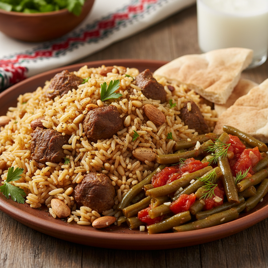 Beef Hashweh (Palestinian rice pilaf) with Garlicky Tomato Green Beans - WF