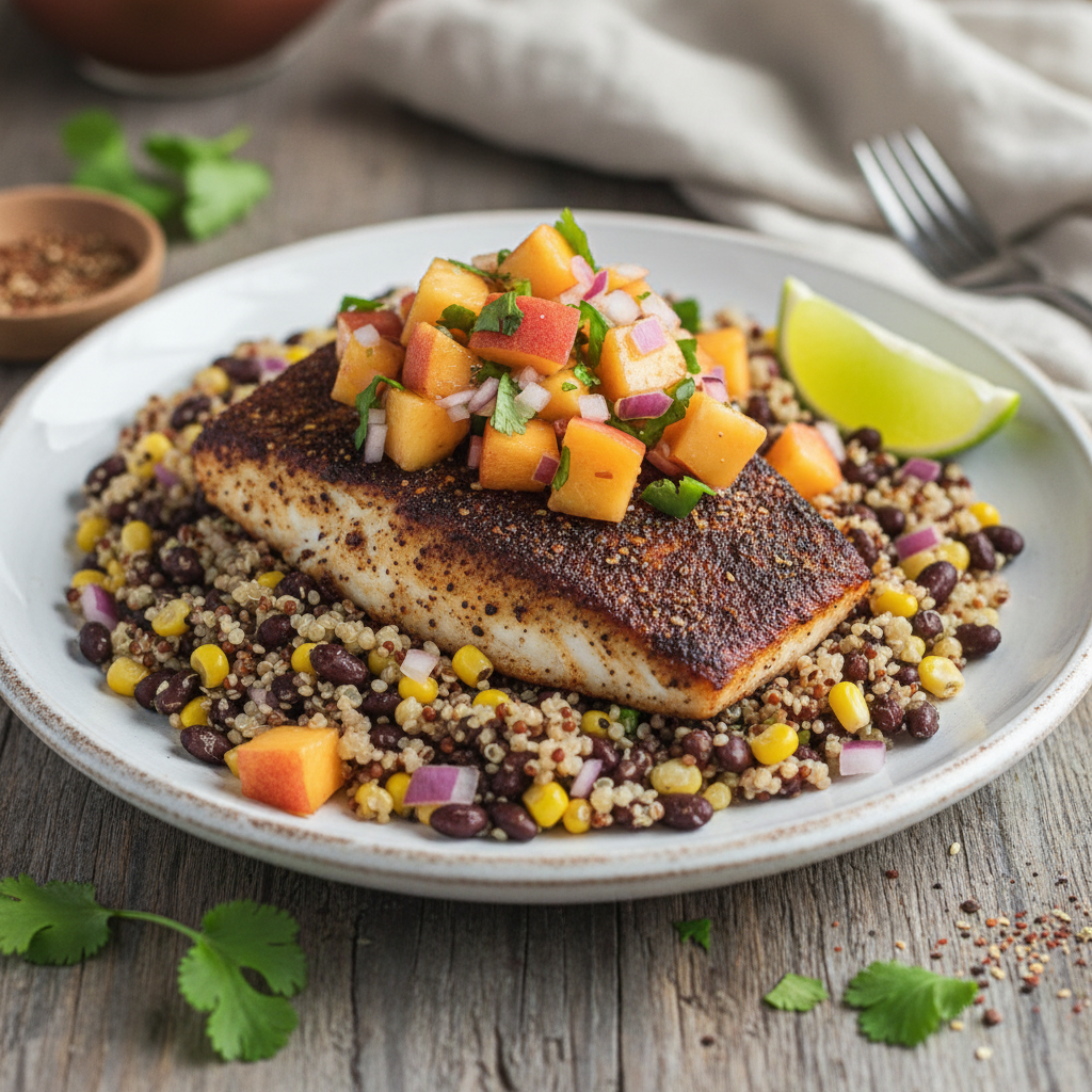 Blackened Haddock with Peach Salsa, Black Bean & Corn Quinoa - WF, DF