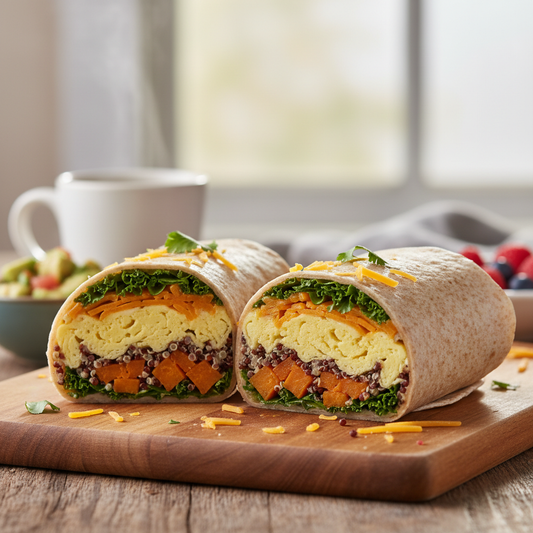 Breakfast Burrito- steamed eggs, quinoa, sweet potato, baby kale, aged cheddar