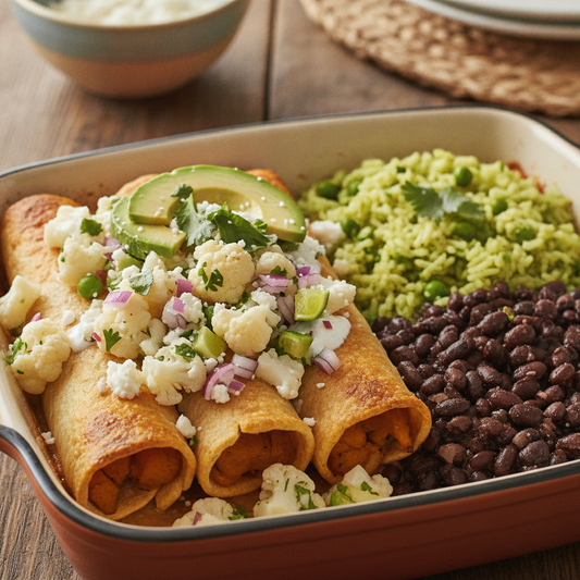 Butternut Squash Enchiladas with Cauliflower Salsa, Black Beans, Green Rice (can be made dairy free or wheat free)