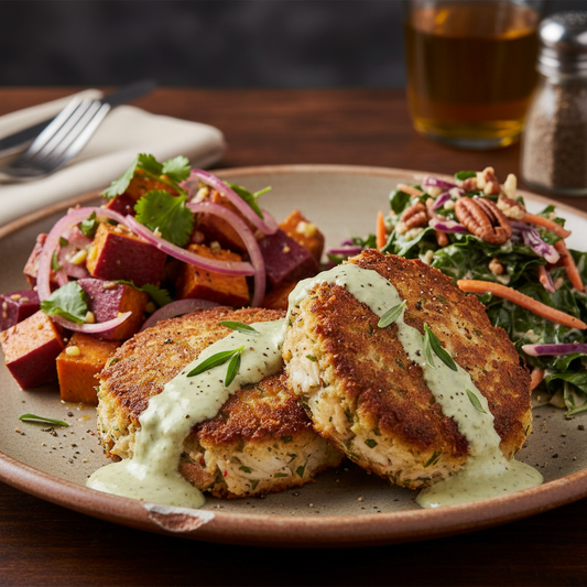 Cajun Crab Cakes with Tarragon Tartar, Purple Sweet Potato Salad, Collard Slaw WF, DF