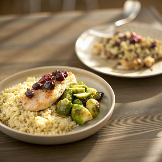 Chicken Breast with Dark Cherry & Walnut Quinoa, Roasted Brussels Sprouts - WF