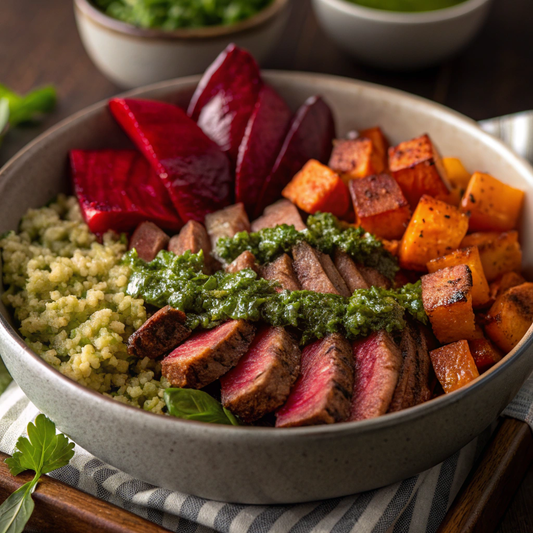 Chimichurri Steak Bowl with Quinoa, Sweet Potato, Beet, Roasted Pepper, Arugula - WF