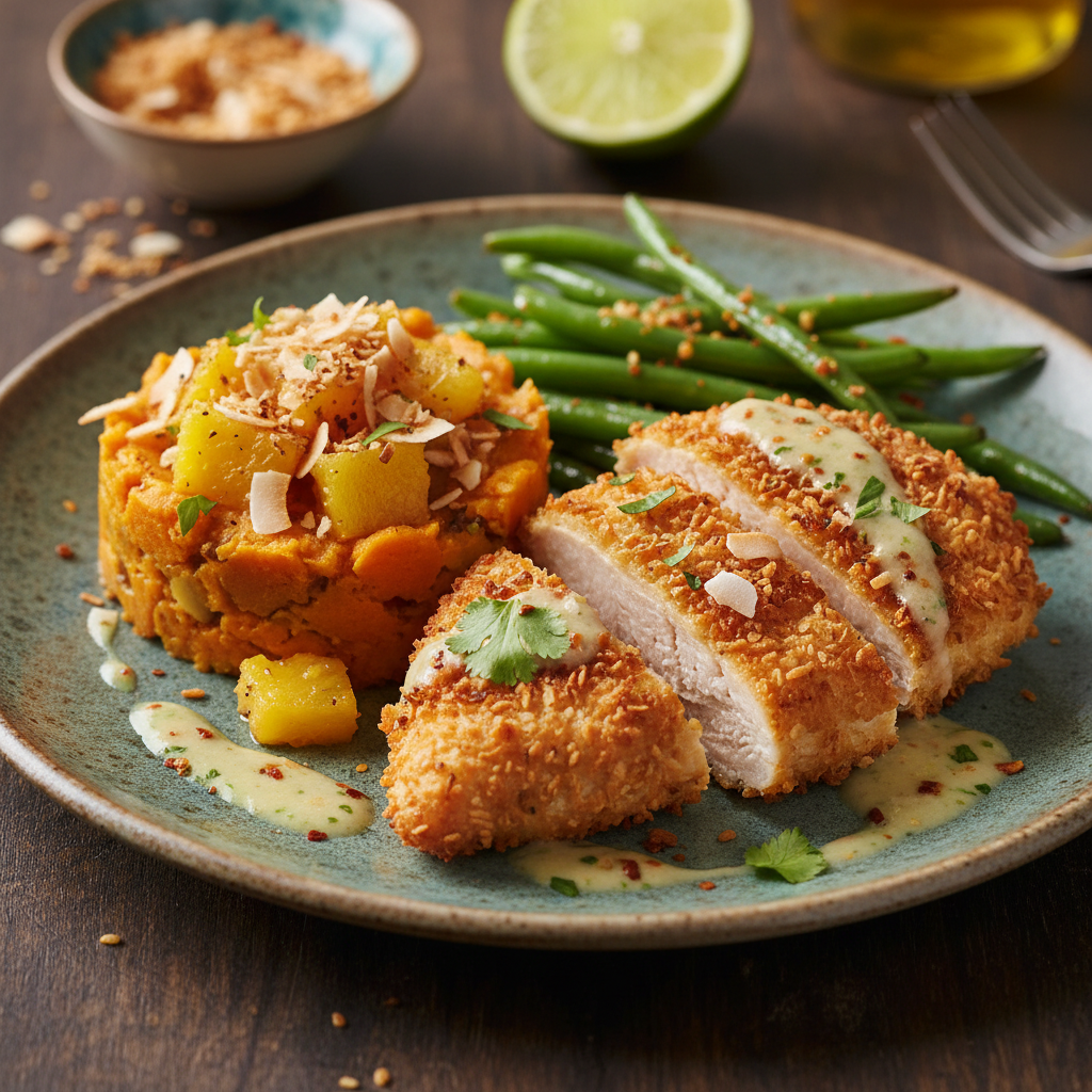 Coconut Crunch Chicken Breast with Pineapple Coconut Sweet Potato, Pickled Green Beans - WF, DF
