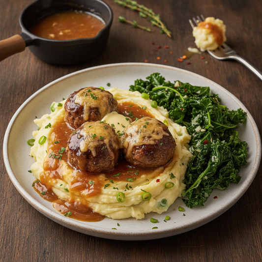French Onion Meatballs with Creamy Scallion Mashed Potatoes, Garlic Kale - WF