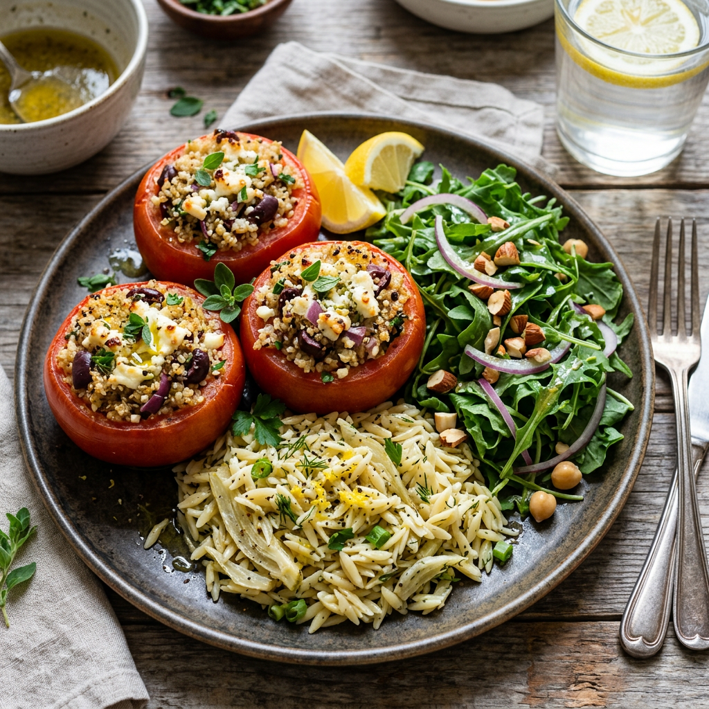 Greek Quinoa Stuffed Tomatoes with Lemon Fennel Orzo, Baby Kale - WF, can be DF