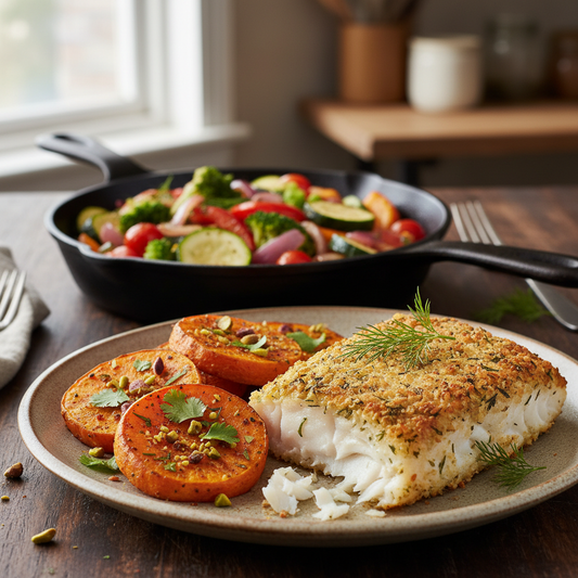 Herb Panko Haddock with Harissa Sweet Potato Medallions, Vegetable Skillet Medley - WF, DF