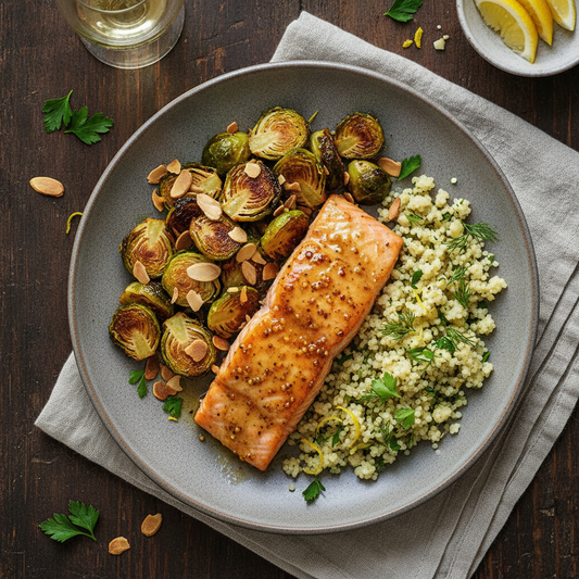 Honey Mustard Wild Salmon with Almond Brussels Sprouts, Herb Couscous - DF, N