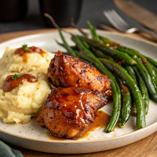  Hot Honey Chicken Thighs with Mustard Mashed Potatoes, Charred Green Beans - WF