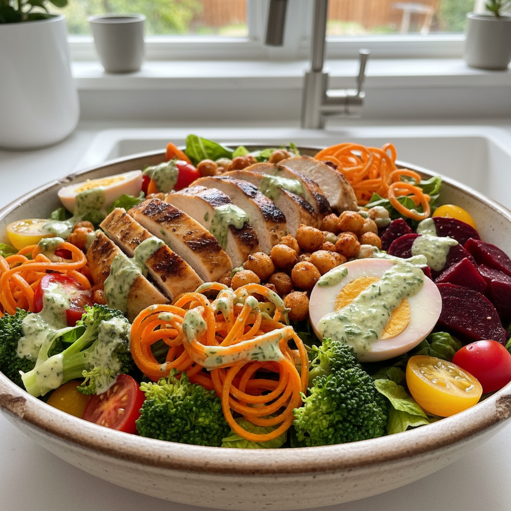 Kitchen Sink Salad with Chicken Breast, Romaine, Spiced Chickpeas, Pickled Egg, Roast Beets, Broccoli, Tahini Carrots, Tomatoes, Green Goddess Dressing - WF