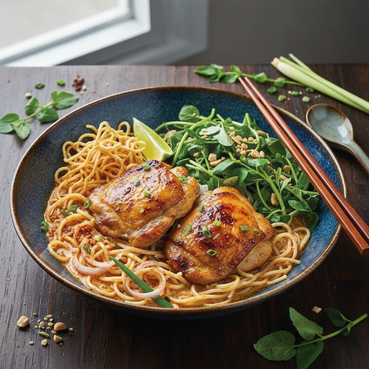 Lemongrass Chicken Thighs with Khao Soi Noodles (coconut red curry), Siamese Watercress WF, DF
