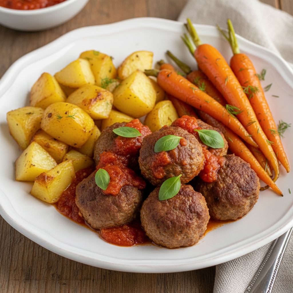 Meatballs with Roast Potatoes, Honey Carrots - WF