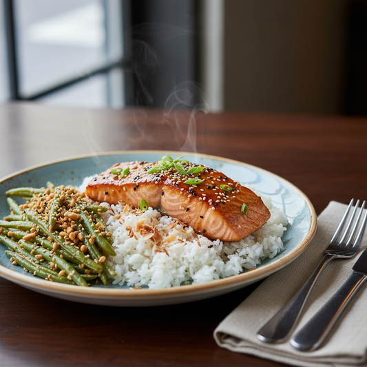 Miso Ginger Wild Salmon with Coconut Rice, Green Bean Gomaae - WF, DF