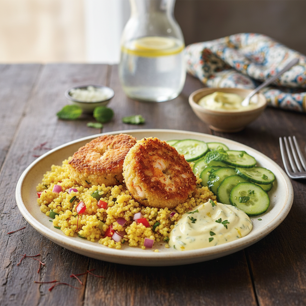 Moroccan Shrimp Cakes with Preserved Lemon Aioli, Saffron Quinoa, Cucumber Salad - WF, DF