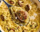 Mini meatballs & cheesy spinach orzo