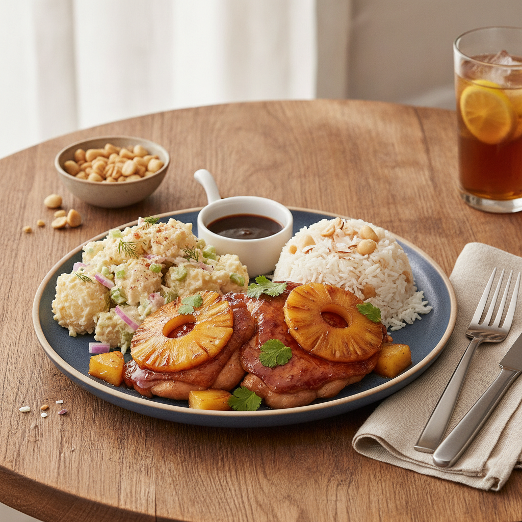 Pineapple Teriyaki Chicken Thighs with Potato Salad, Macadamia Rice - WF, DF