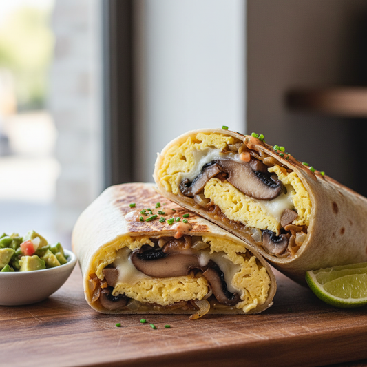 Portobello Breakfast Burrito- steamed egg, provolone, caramelized onion