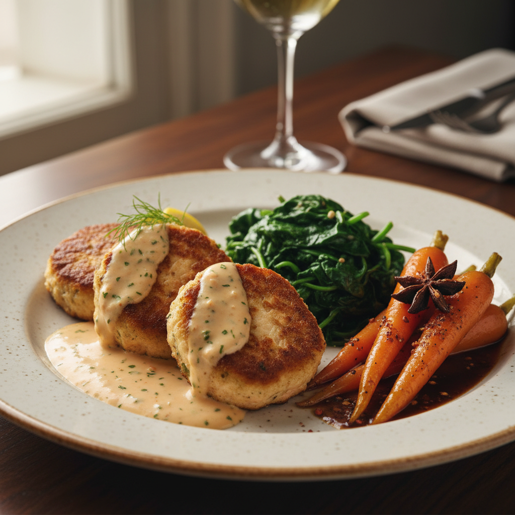 Salmon Cakes & Remoulade with Bistro Spinach, Four Spice Braised Carrots - WF, DF