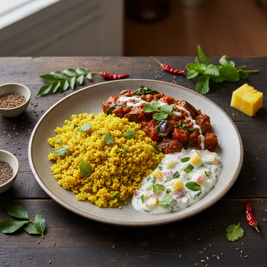 Spicy Eggplant Curry with Mint Turmeric Quinoa, Pineapple Raita - WF