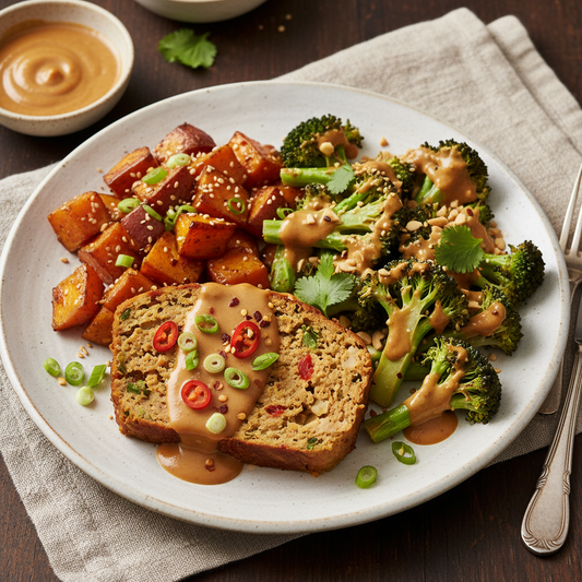 Spicy Thai Turkey Meatloaf with Ginger Maple Sweet Potatoes, Peanut Sauce Broccoli - WF, DF