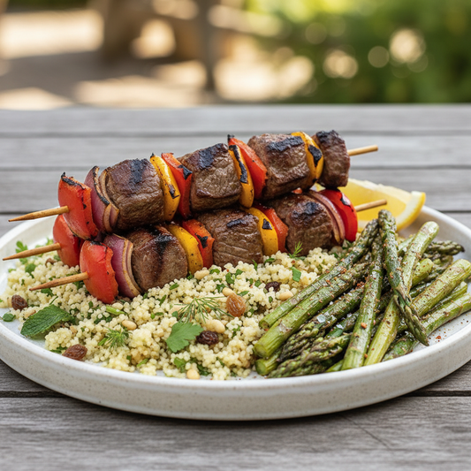 Steak Kabobs with Herbed Israeli Couscous, Baharat Asparagus WF, DF