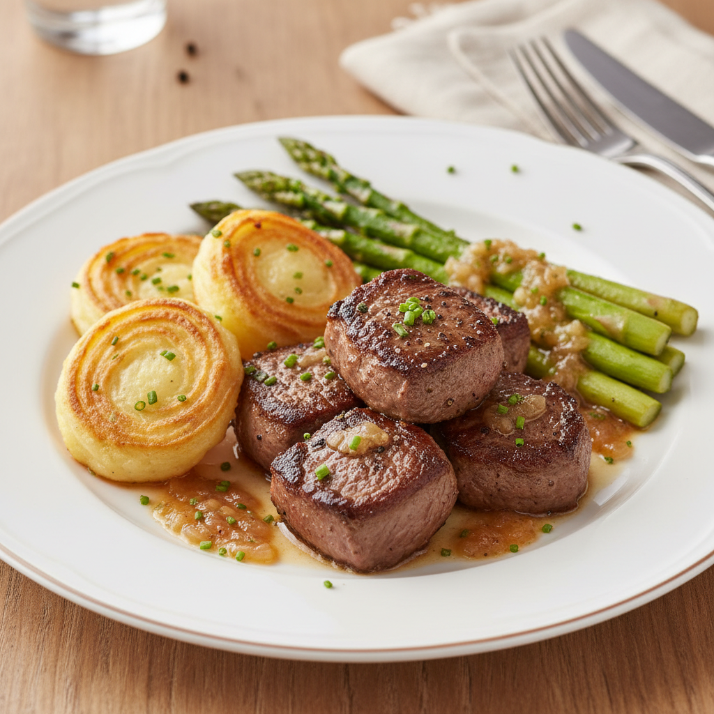 Steak Tips with Duchess Potatoes, Asparagus & Shallot Vinaigrette - WF