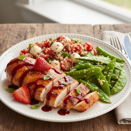 Strawberry Balsamic Chicken Breast with Quinoa Caprese, Ginger Snap Peas WF