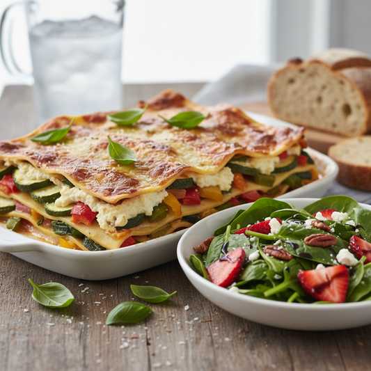 Sweet Basil Vegetable Lasagna with Strawberry Spinach Salad