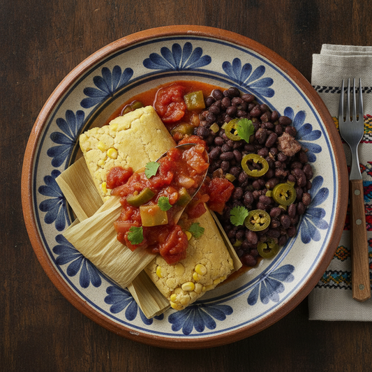 Sweet Corn Tamales with Tomato & Chayote Stew, Green Chile Black Beans - WF, DF