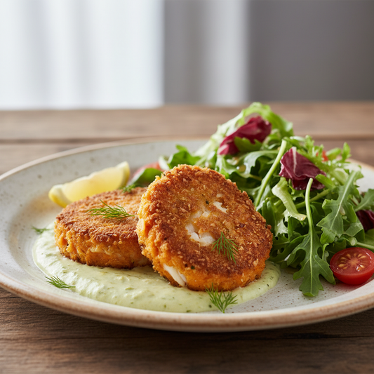Sweet Potato Cod Cake with Creamy Fennel Leek, Mixed Green Salad - WF