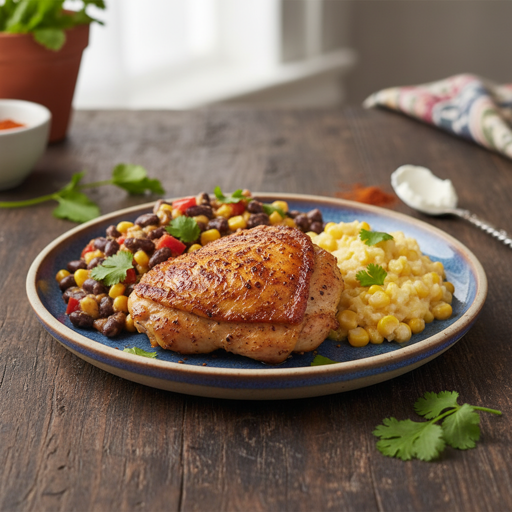 TexMex Chicken Thighs with Creamy Black Bean Vegetables, Sweet Corn Tomalito - WF, DF