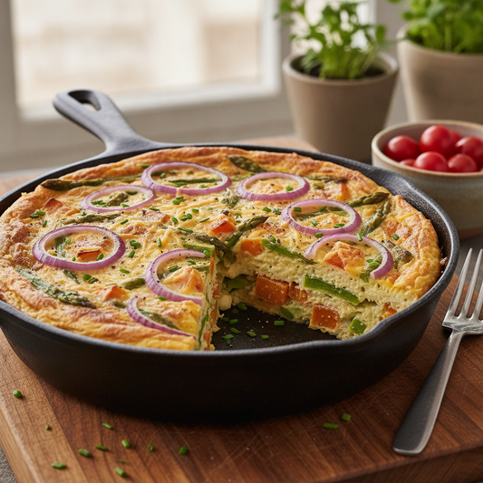 Vegetable Frittata - onion, pepper, asparagus, sweet potato, cheddar cheese