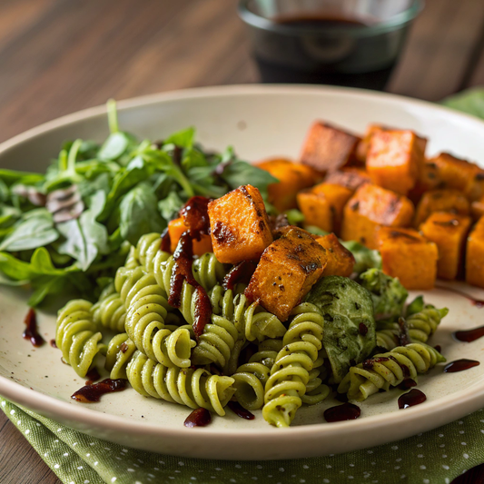  Winter Pesto Fusilli Pasta with Sweet Potato, Green Salad & Balsamic Vinaigrette - WF